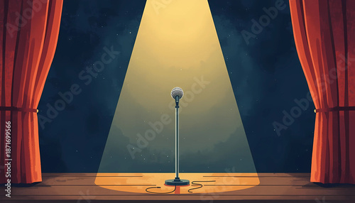 Spotlight on stage with microphone and red curtains open wide