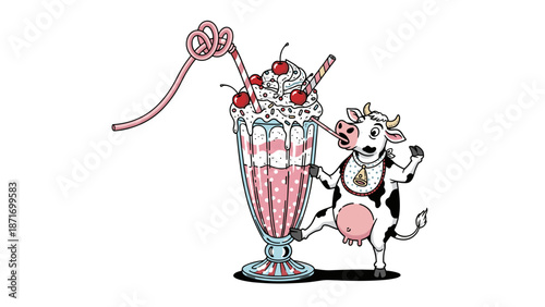 Cartoon Cow Enjoying Strawberry Milkshake, Playful Vector Illustration isolated on transparent background. Dairy Farm Fun for Kids, Restaurant Menu, Advertising.