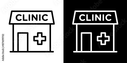 Clinic icon representing medical clinic, outpatient care, healthcare services, patient treatment, and primary medical support.