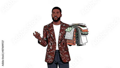 Smiling African American Fashion Designer Holding Fabric Swatches, Confident Choice, Style Guide. Design Professional Isolated on Transparent Background.
