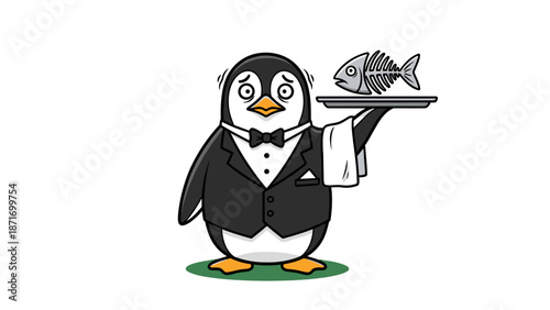 Cartoon Penguin Waiter Serving Fish Skeleton, Funny Food Crisis Concept, Isolated on Transparent Background, Vector Illustration for Kids, Menu Design, and Restaurant Mascot