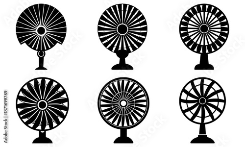 Six Vintage Ceiling Fans with Different Blade on White Background fan blades black and white