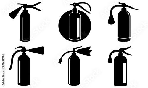 Five Different Types of Fire Extinguishers in Silhouette on White Background black