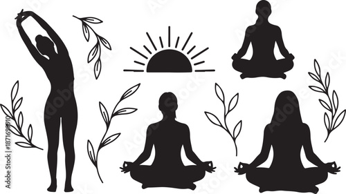 Yoga Silhouettes at Sunrise with Leaves and Nature