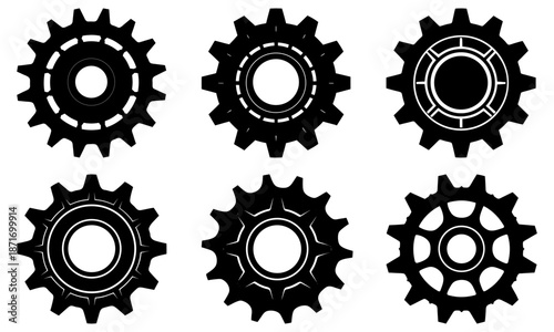 Six black and white gear wheels with transparent background mechanical