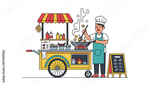 Happy Chef Cooking Street Food from Cart - Culinary Business, Asian Cuisine, Mobile Kitchen, Isolated on transparent background, Vector Illustration