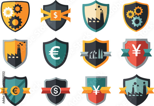 Finance and Industry Security Shields Vector Icons for Business Protection