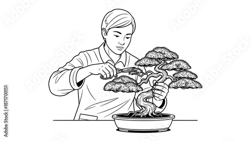 Man Pruning Bonsai Tree, Vector Illustration for Miniature Gardening and Zen Arts, isolated on transparent background. Serene Cultivation, Traditional Hobby Art