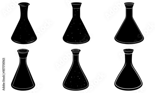 Five Black Conical Laboratory Flasks with Transparent Background conical flask Erlenmeyer flask