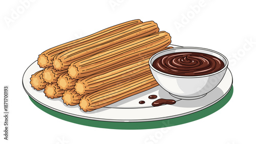 Tasty Cartoon Churros with Rich Chocolate Dip, Sweet Treat on Plate, Delicious Dessert, Isolated on transparent background, Perfect Snack, Vector Illustration
