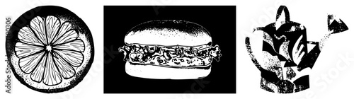 Sliced Citrus Fruit, Sandwich, and Watering Can in Bold Black and White Vector Art
