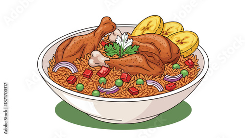 Delicious Jollof Rice with Chicken Drumsticks and Plantains, West African Cuisine, isolated on transparent background for menu design and promotional material