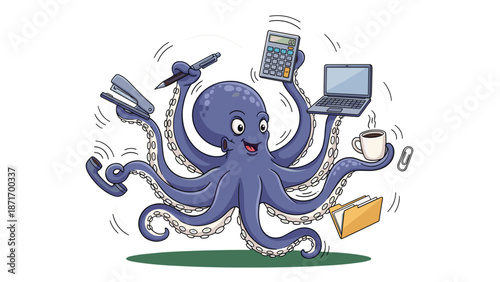 Overwhelmed Octopus Cartoon Office Worker Juggling Tasks Vector Illustration, Multitasking Chaos, Deadline Stress, Funny, Isolated on transparent background