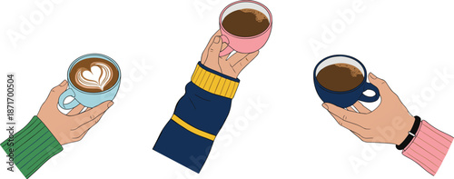 Hands holding coffee cups illustration set, cozy cafe lifestyle, hot drink flat vector design