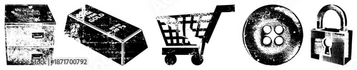 Set of Office, Gold, Cart, Button, and Lock in Grunge Style