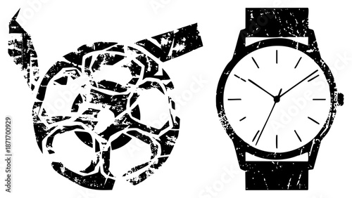 Distressed Black and White Soccer Ball and Analog Watch Vector