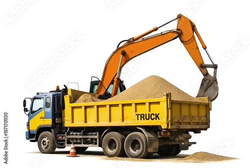 Dump trucks and excavators in operation moving sand as visual assets for construction company brochures.