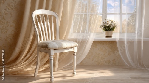 Elegant White Spindle Back Chair With Ornate Fabric Seat By Sunlit Window With Curtains And Potted Flowers
