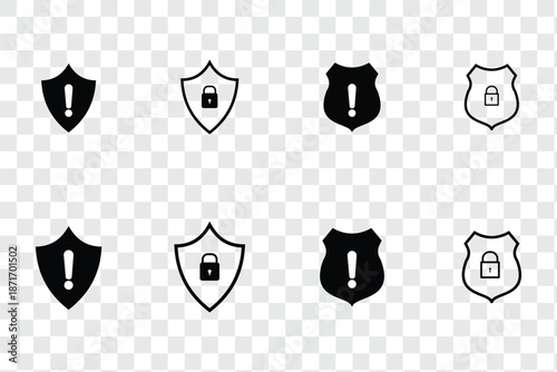 Set of security shield icons, security shields logotypes with check mark and padlock. Security shield symbols. Vector illustration.