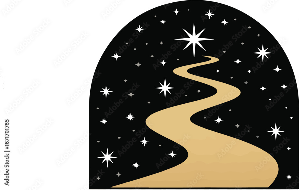 Naklejka premium Path to star in night sky archway with shining stars and crescent moon above destination