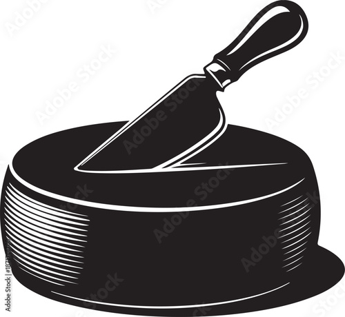 Large wheel of cheese with a wedge cut out and a serving knife inserted