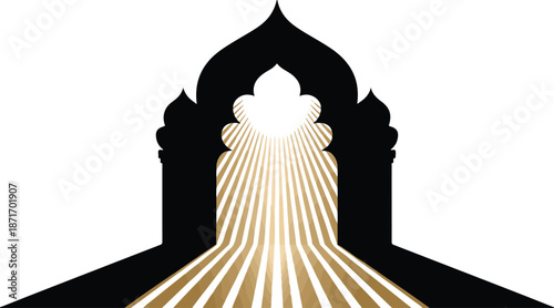 Gleaming golden pathway through ornate dark archway, sacred entrance, spiritual light