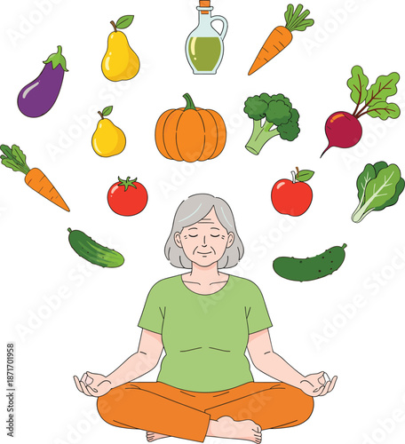Senior woman meditating with healthy vegetables and fruits balanced diet concept wellness lifestyle flat vector illustration