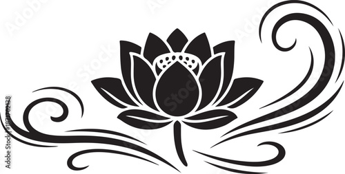 Black silhouette of blooming lotus flower with swirling decorative organic lines representing purity