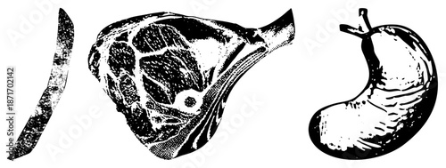 Black and White Halftone Illustration of Steak, Knife, and Stomach