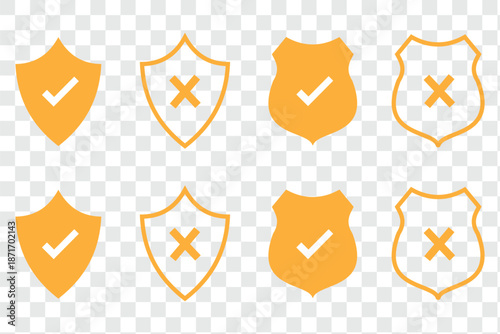 Graphic illustration of safety shield symbols with check mark and exclamation icons representing security and protection