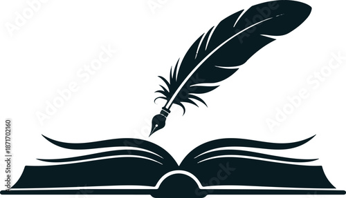 Silhouette of open book with quill pen writing knowledge and literature education antique writing tool