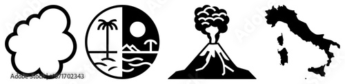 Four Black and White Set Featuring Cloud, Tropical Scene, Volcano, and Italy Map
