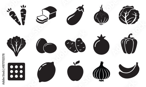 Food and groceries icon collection in silhouette style. market and shopping set. Food and grocery silhouette icon collection. vector illustration eps file. 