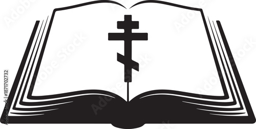 Holy bible book pages opened flat with russian orthodox cross symbol icon drawing silhouette picture isolated image