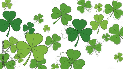 Decorative pattern of various green shamrocks and clover leaves on a white background