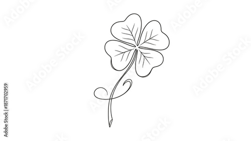 Elegant art illustration of a four-leaf clover with a swirling stem, symbolic of luck.