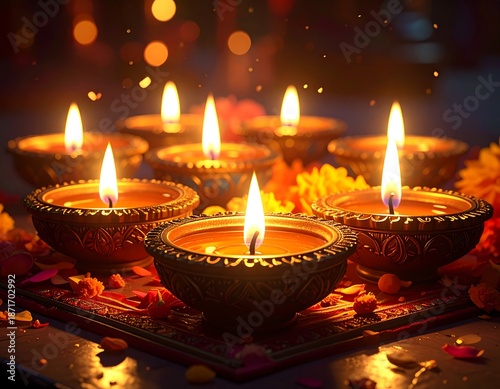 Close-up of eight ornate golden candle holders with lit flames. Warm light scatters amidst blurred bokeh and flower petals, celebrating light