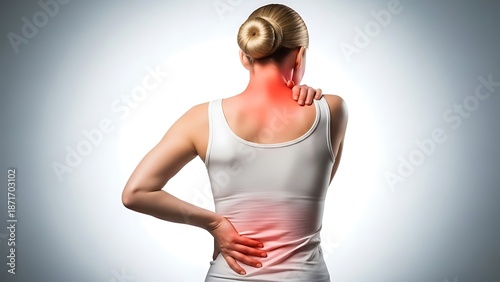 A woman experiencing back pain with highlighted areas on her lower back and neck against a plain white background