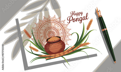 Pongal festival scene with clay pot rice sugarcane and wheat stalks for traditional harvest celebration