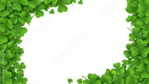 Vibrant Green Clover Leaves Border Frame on White Background - St. Patrick's Day