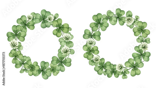 Two watercolor wreaths of green shamrocks and white clover flowers on a white background