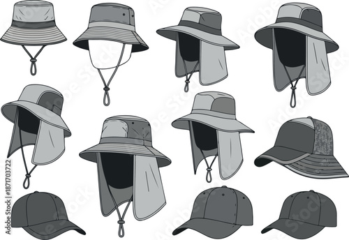 Array of Hats Bucket, Legionnaire, and Baseball Cap Styles Illustration
