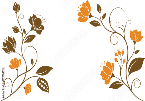 Vine with orange flowers and brown leaves on white background