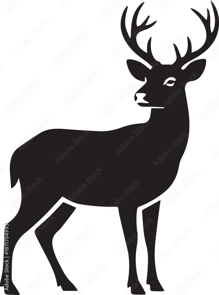 Fototapeta premium A wild deer silhouette vector illustration featuring a majestic stag with antlers, depicting a forest animal mammal in nature for wildlife hunting or Christmas holiday themes