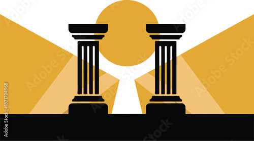 Two ancient pillars architectural elements black silhouette on yellow background stage.