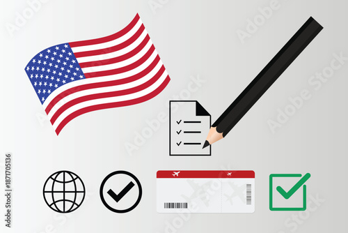 American Flag, Checklist, Passport, And Pencil Travel and Work Symbols For Business and Education.