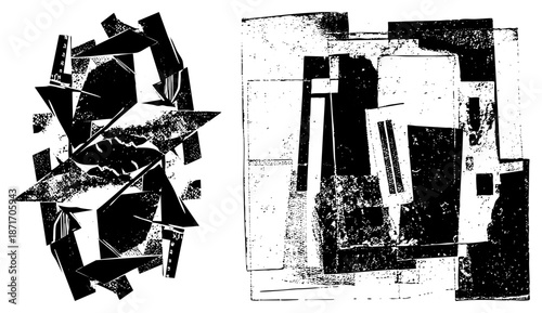 Abstract Geometric Composition of Fragmented Black and White Shapes