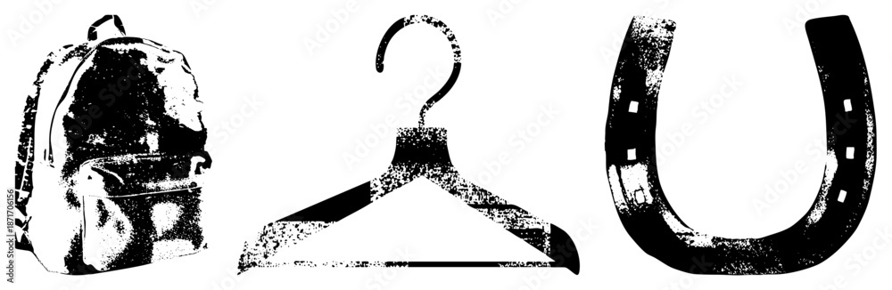 Obraz premium Vintage Backpack, Clothes Hanger, and Horseshoe in Halftone Vector Set