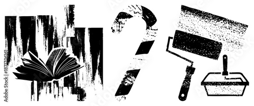 Open Book, Question Mark, and Paint Roller in Grunge Style