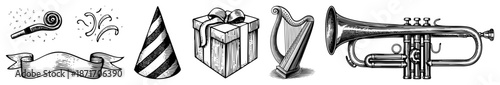 Vintage Party Hat, Gift Box, Harp, Trumpet and Whistle Vector